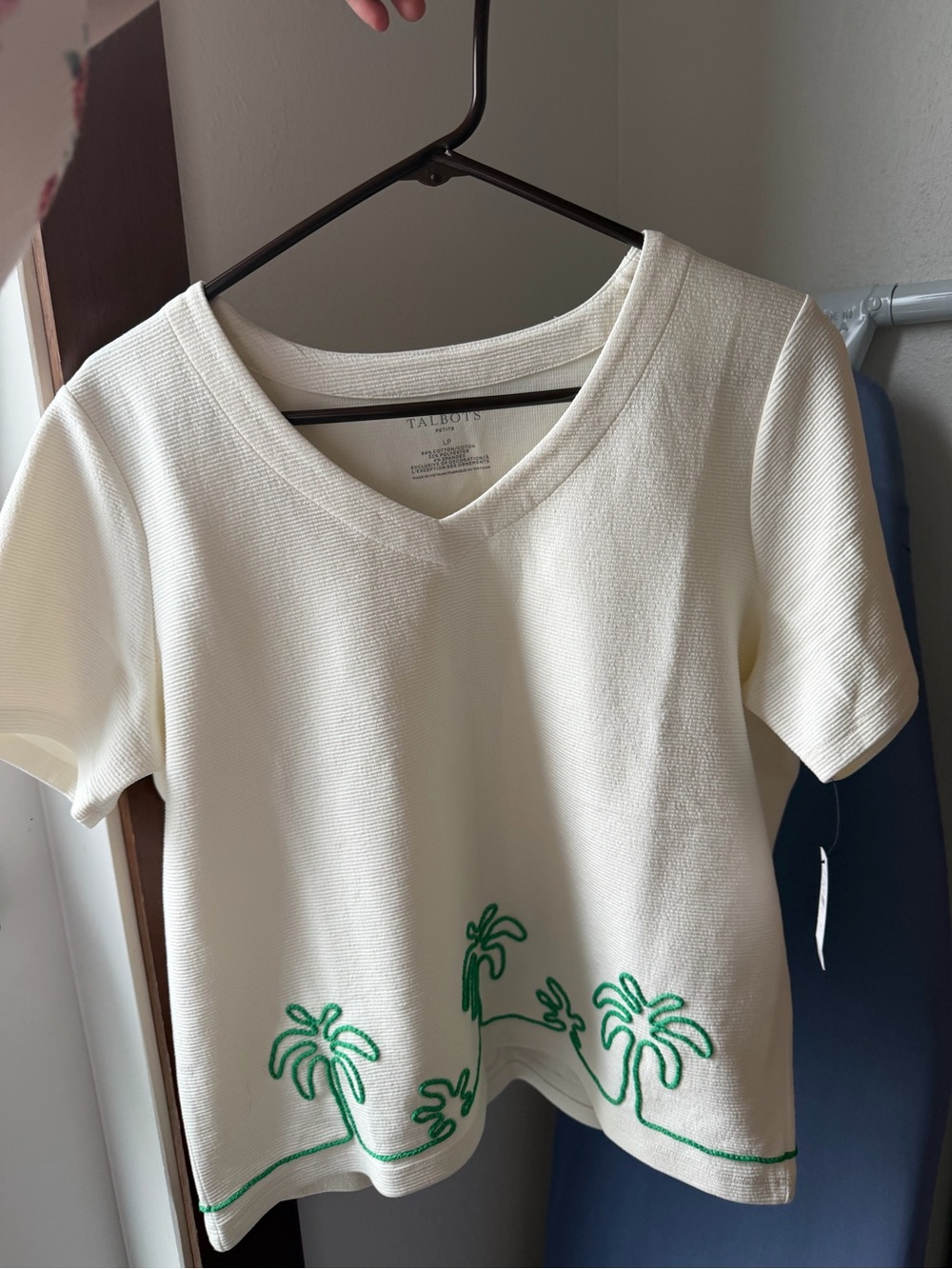 Talbots Cream Short-Sleeve V-Neck Top with Green Palm Embroidery